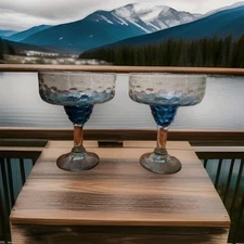 Handblown Margarita Glass Glasses Hobnail Blue Large Set Of 2 16oz