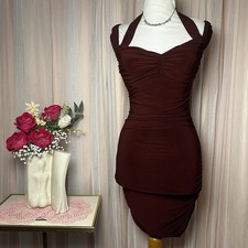 JustFab Women’s Burgandy Rushed Bodycon Mini Dress Halter Neck Back Crossed SZ S