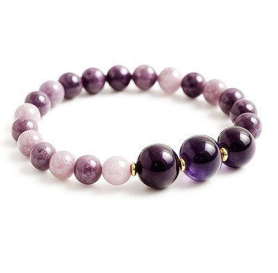 Natural Tanzanian Amethyst Lepidolite Bracelet 7  Gemstone Bead Stretch Artisan