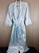 Vintage 70s Silky Satin Robe S Dressing Gown Brushed Cotton Blend Aqua Pink Trim