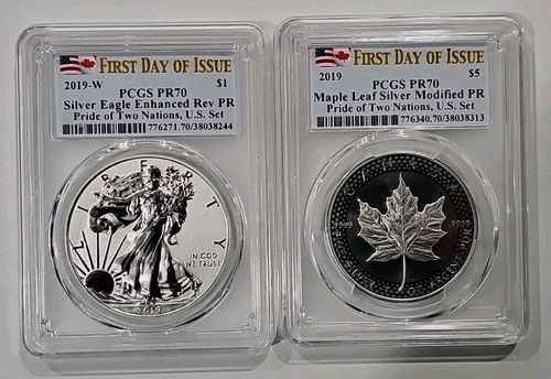 2019 W  Silver Pride of Two Nations - 2 USA Coin Set PCGS PR 70 -FDOI Flag Label