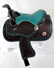 Vtg Miniature Tooled Leather Brown/Blue Horse...