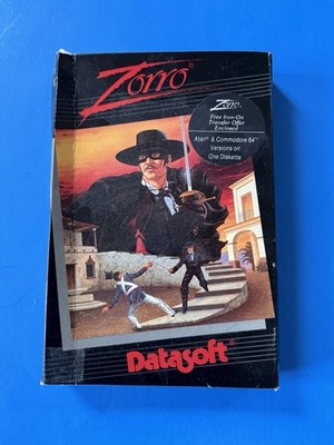 Vintage 1985 ZORRO Datasoft Atari & Commodore C64 Box Disk Manual