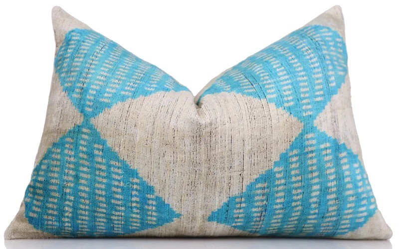 Handmade 16x24 Turquoise Silk Velvet Throw Pillow – Luxury Geometric Lumbar