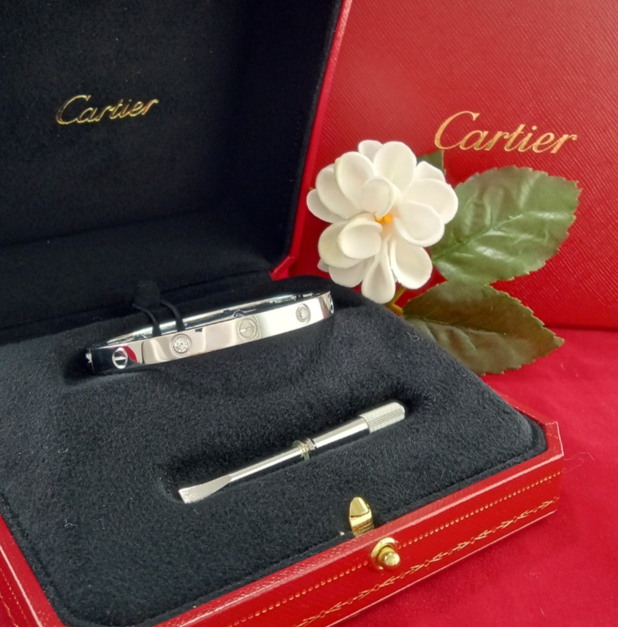 CARTIER LOVE BRACELET CLASSIC 18K WG 4 DIAMOND SIZE 17 W/BOX