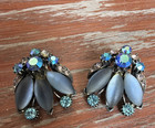 Vintage Florenza Signed Frosted Blue Class AB Rhinestone Cluster Clip Earrings