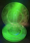Vintage Set of 4 Uranium Glow Green Depression Glass Camellia Embossed 8” Plates