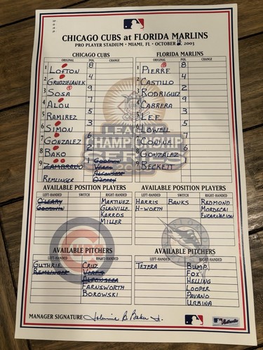 Game Used Chicago Cubs Marlins NLCS Dugout Lineup Card 2003 Dusty Baker Auto