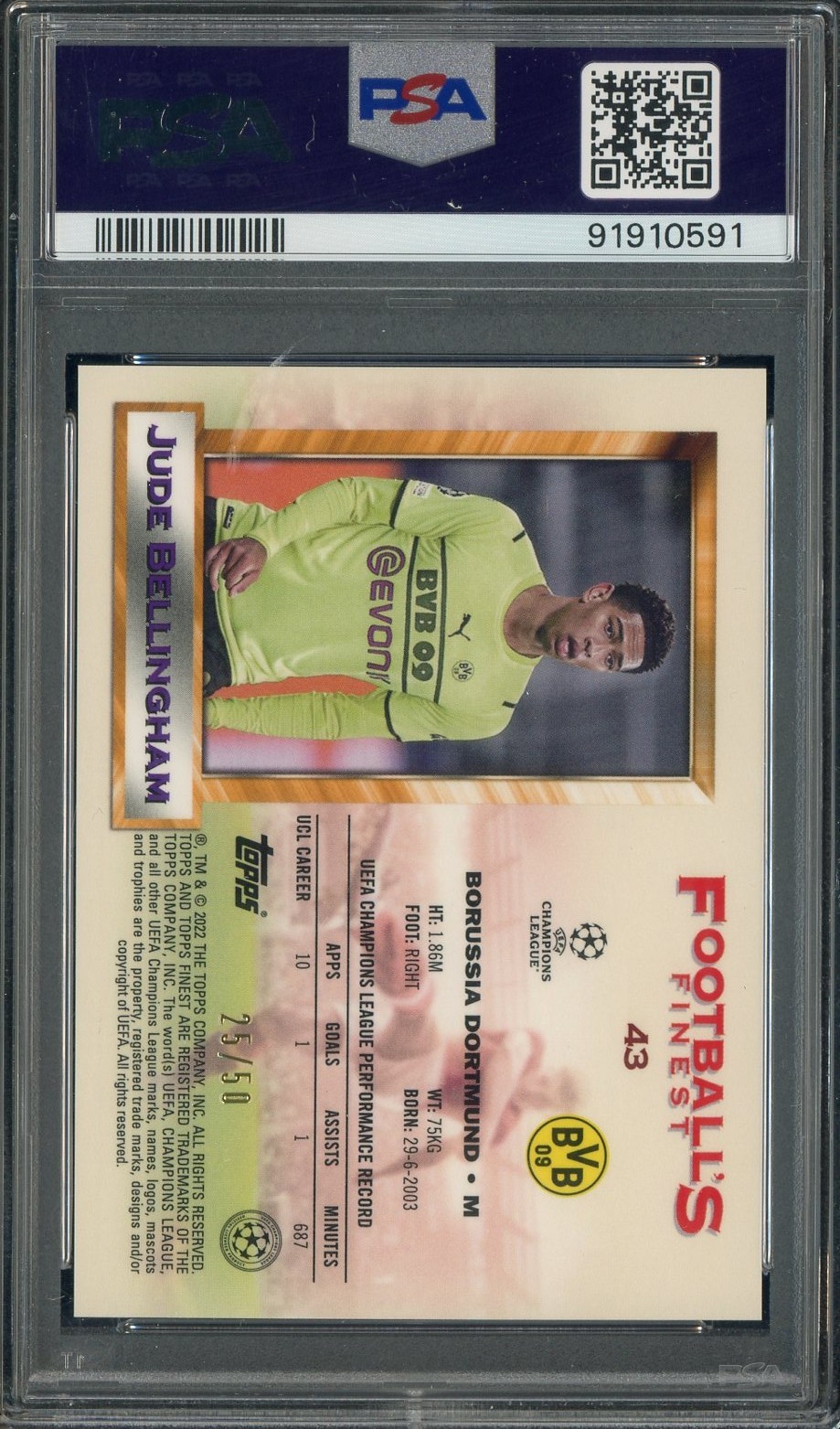 2021-22 Topps Finest Flashbacks UCL Gold Refractor Jude Bellingham /50 PSA 10 view 2