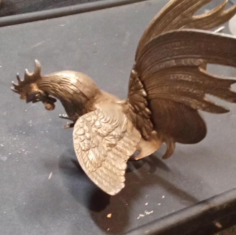Brass Rooster Chicken Figurine Statue Sculpture, Gold Tone Metal Decor