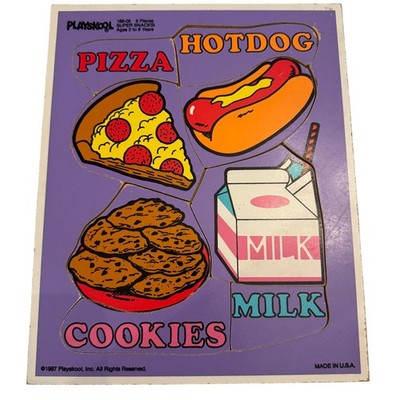 Playskool 1987 Super Snacks Pizza Hotdog Cookies Milk Wooden Puzzle 8 Pieces