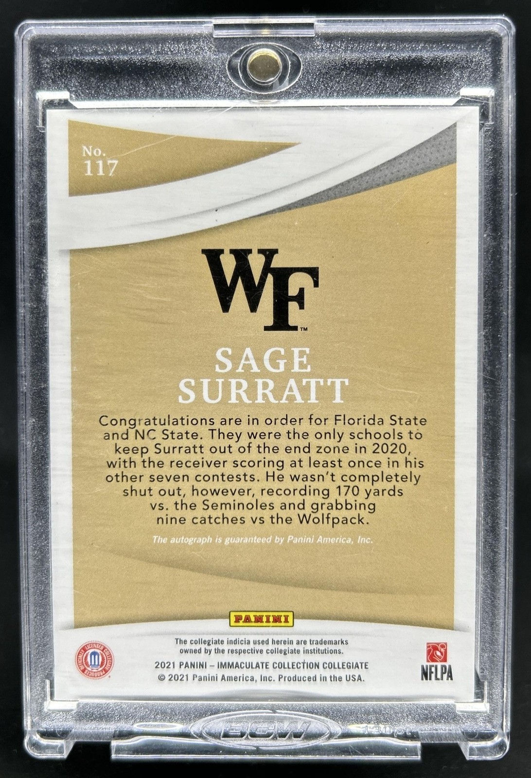 2021 Panini Immaculate Collegiate Sage Surratt RC Gold Auto Autograph #/10 view 2