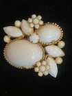 Vintage White Milk Glass Rhinestone Plastic Cabs Floral Brooch Pin