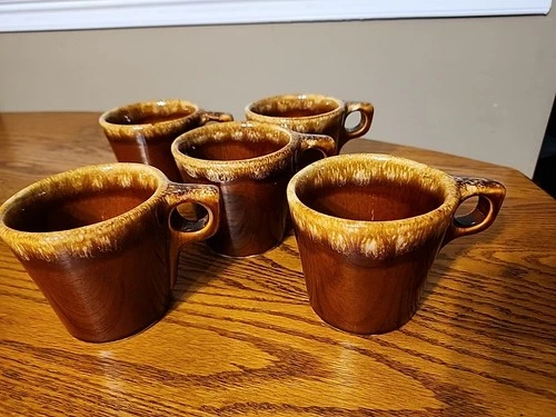 5 Vintage Hull Pottery Oven Proof USA Brown Drip Glaze Coffee Mugs Cups Set 10oz