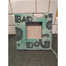 BAD DOG Picture Frame Teal Gray Bitten Edge Fun Novelty Desk Photo Display