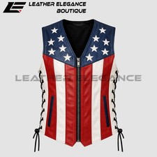 American Flag Leather Biker Vest Men's Patriotic USA Stars Stripes Motorcycle
