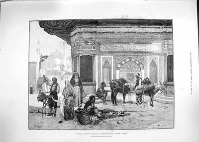 Alter antiker Druck 1892 Szene Sultan Ahmed Brunnen Konstantinopel Ernst 19.