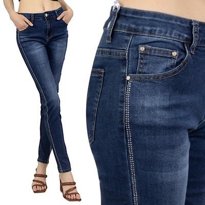 Damen Stretch Jeans Seitenlinien Micro Strass 42 bis 52 Neu