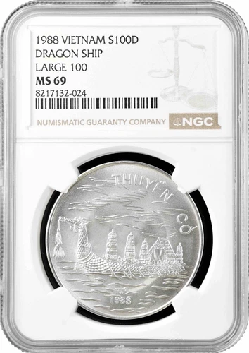 Vietnam 100 dong 1988, NGC MS69, "Asian Dragon Ship" silver coin