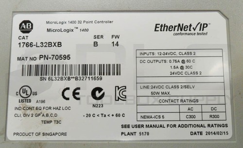 ALLEN BRADLEY 1766-L32BXB /B MICROLOGIX 1400 32 PT CONTROLLER 12-24VDC *READ* - Picture 6 of 6