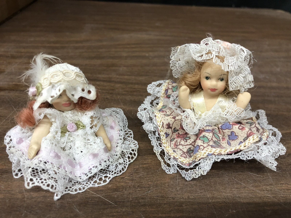 2 Vintage Mini Porcelain Victorian Dollhouse Dolls 2.5 and 2
