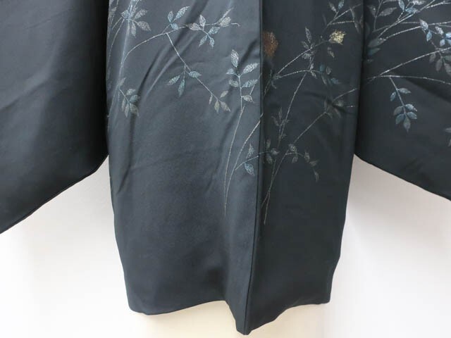 Japanese Black Haori Jacket-Kimono Silk flower pattern 70y EB-294