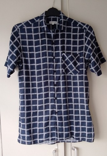 REISS Casual Blue & White Square Pattern Short Sleeved 100% LINEN Shirt/Size:"S" - Picture 2 of 12
