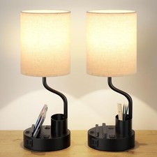 Bedside Table Lamps for Bedroom Set of 2 - Nightstand Light with AC Outlet an...