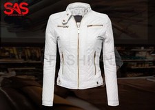 Leather Jacket Women  s Fashion White Biker Lambskin Size S, M,L to5XL Custom Fit