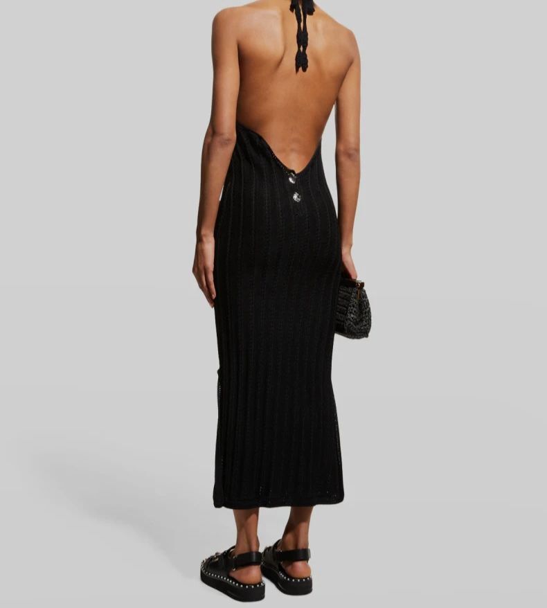$325 Ganni Womens Black High Twist Lace-Knit Open Back Midi