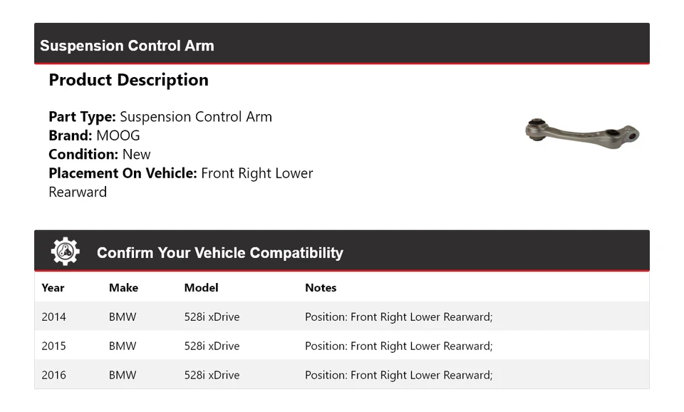 Brazo de control de suspensión MOOG 2014 2015 2016 BMW 528i xDrive 2014-2016 Foto 2 de 4