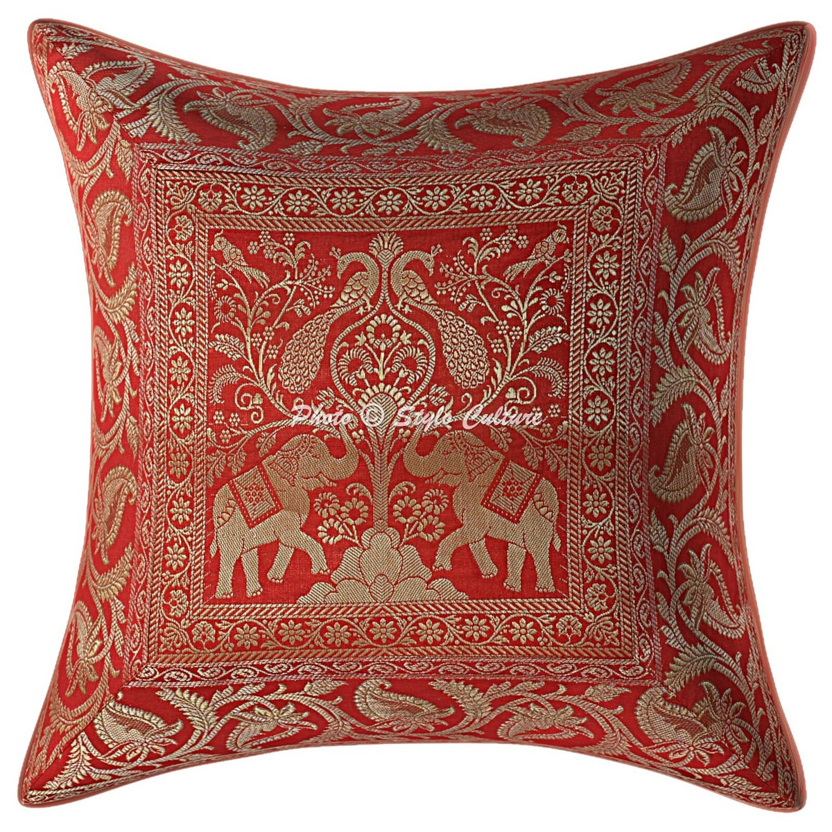 Exotic Silk Throw Pillow with Elephants and Peacocks India For Sale at