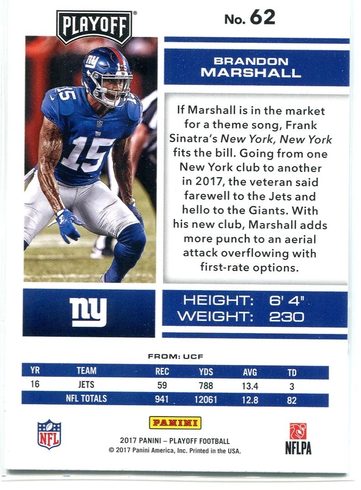 2017 PLAYOFF GOAL LINE PARALLELS BRANDON MARSHALL NEW YORK GIANTS - Image 2 of 2