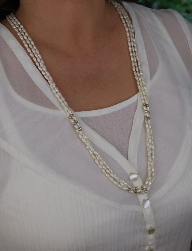 14k Yellow Gold Rice Pearl Gold Bead Three Strand Long 30" Necklace - Image 2 of 4