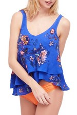 Free People On The Top Cami Blue Floral Layered Tiered Tank M Medium 68