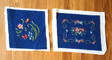 2 Vintage Completed Needlepoint Yarn Pictures Floral Roses Blue Background