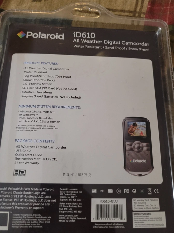 Polaroid iD610 All Weather Digital Camcorder Blue NEW Sealed - Image 3 of 3