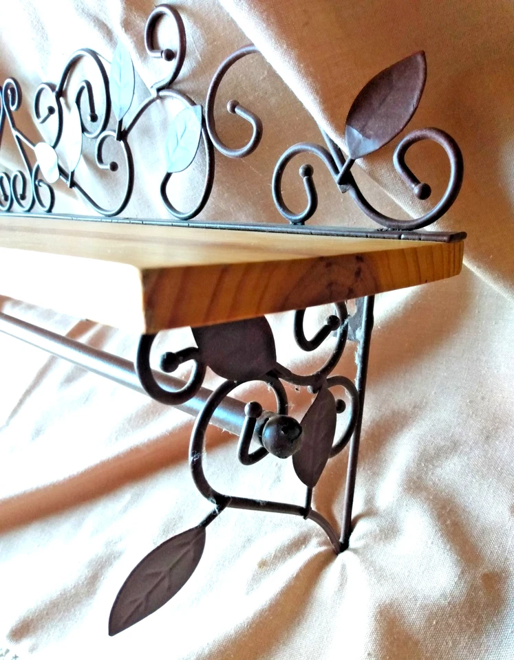 Country Farmhouse Style Pine Wood and Brown Wire Ivy Wall Shelf Ledge w Bar - Image 4 of 4