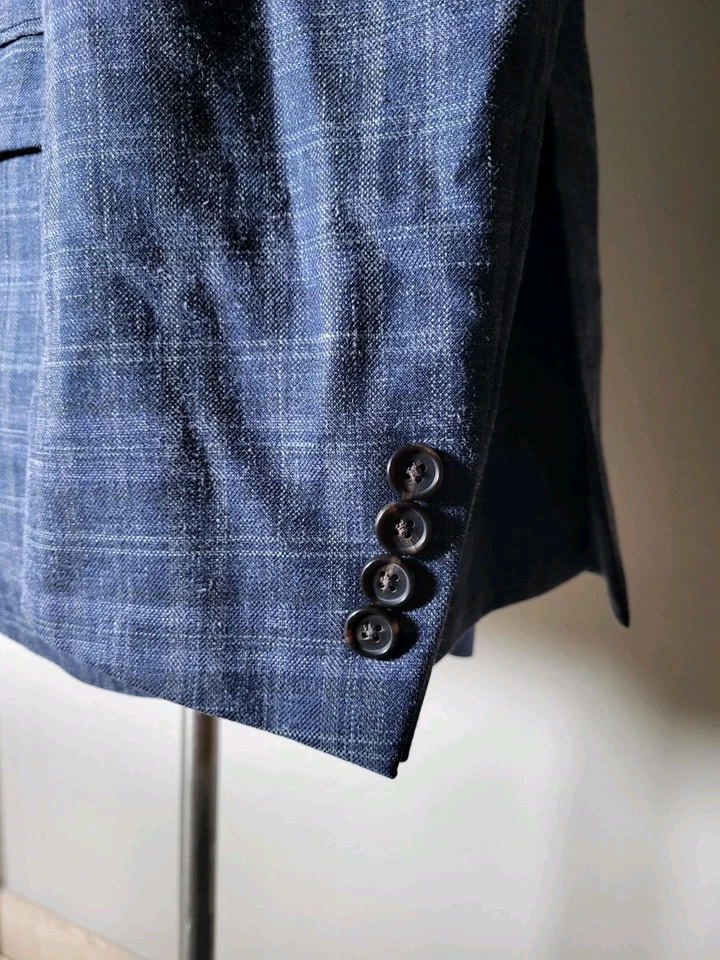 46R Ralph Lauren SILK WOOL LINEN plaid blue Black Gray Blazer Jacket Sport Coat - Image 3 of 4