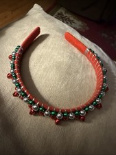 Red Green And Gold Beaded Christmas Headband With Red Fabric