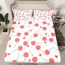 Kids Red Cherry Bed Sheet Set Full Size, Cute Fruit Fitted Sheet Boys Girls C...