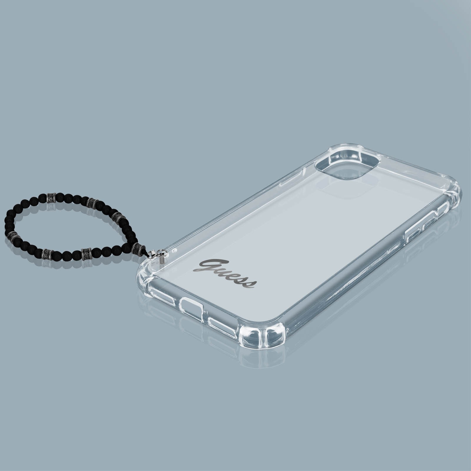 Coque iPhone 12 Guess noire antichoc avec bracelet perles chic