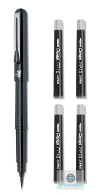 Pentel Pocket Brush Pen Black Barrel with 4 Black Cartridge Refills