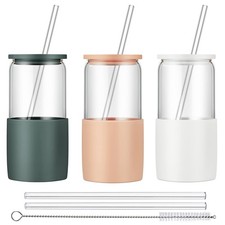 Glass Tumbler with Straw and Lid, 16oz Ice Coffee Cup, Silicone Sleeve Cleani...