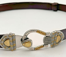 Chico's Leather Womens Belt M/L Brown Silver Gold Hook Buckle Genuine 32"