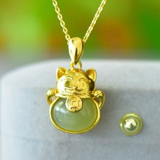 18K Gold Plated Inlaid Green Jade Lucky Cat Pendant Necklaces Gift