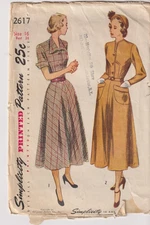 2617 SIMPLICITY c.1948 - DRESS w Bodice Variation -  Sz 16 B 34"