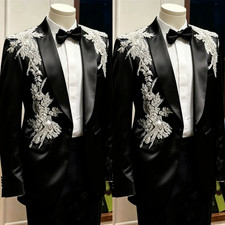Prom Men's Suit Shawl Lapel Silk Satin Rhinestone Luxury Jacket Wedding Outfits