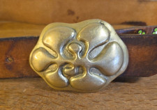 Vtg Boho 60  s/70  s Leather Belt w/ Solid Brass Buckle. Hand Tooled Mushrooms  