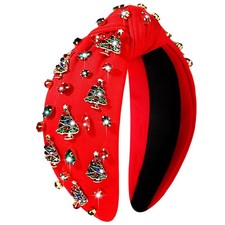 Jeweled Christmas Tree Headband Embellished Crystals Pearls Wide Top Knot